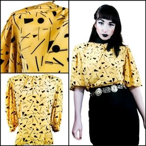 Vintage 1980s Geometric Puff Sleeve Shoulder Pad Blouse Chaus Graphic Top